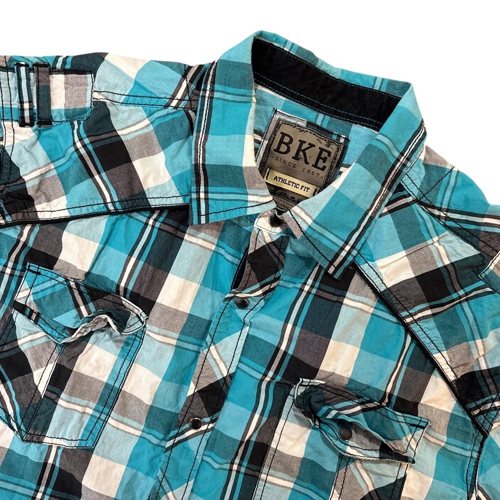 BKE Pearl Snap Shirt Mens XL Blue Teal Plaid‎ Short Sleeve Western Casual Cotton